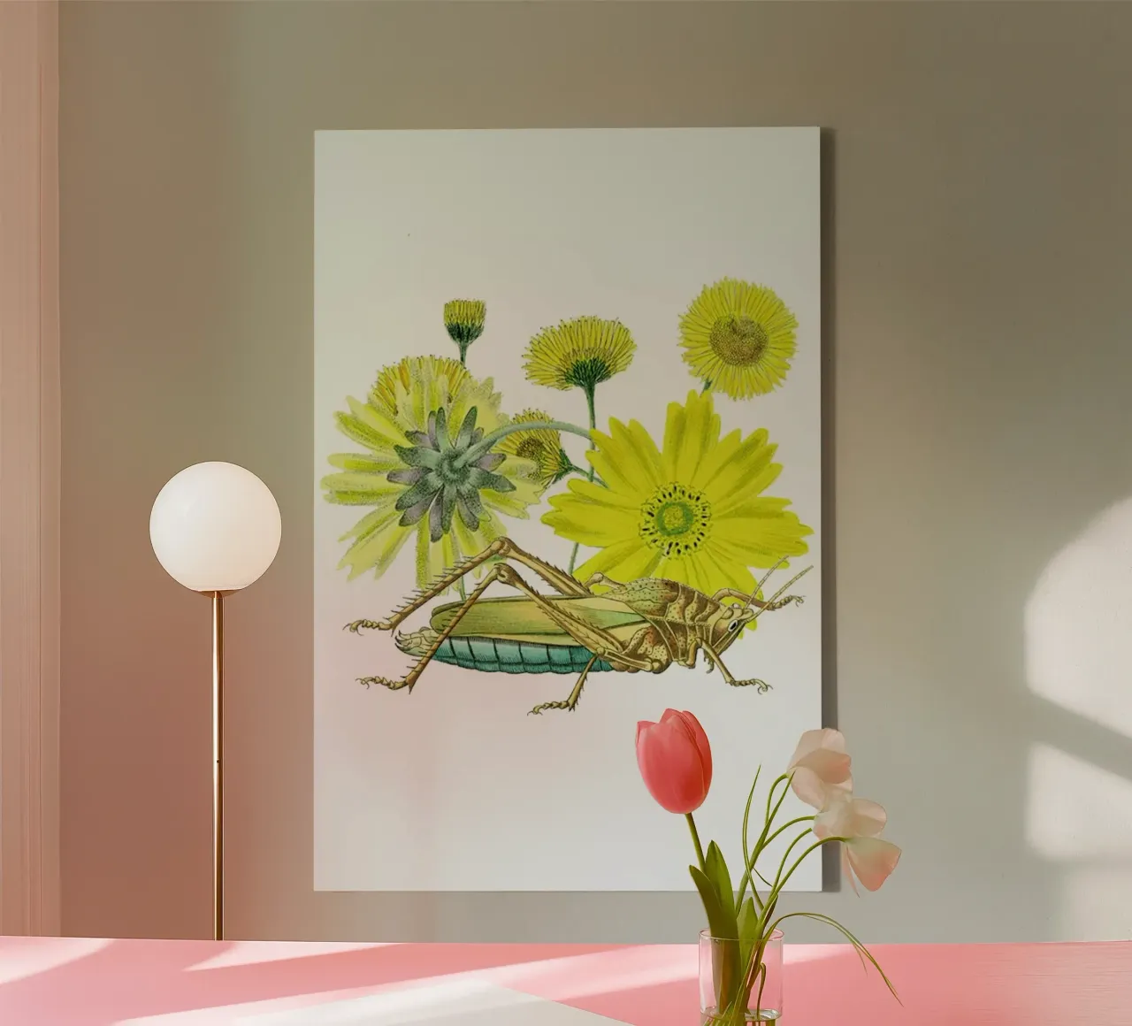 Yellow Flowers and Grasshopper tela con Cornice a cassetta da Rococco LA