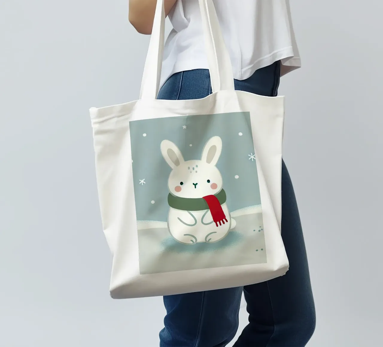 Snow hare with scarf tote bag by Alegria Fantasia