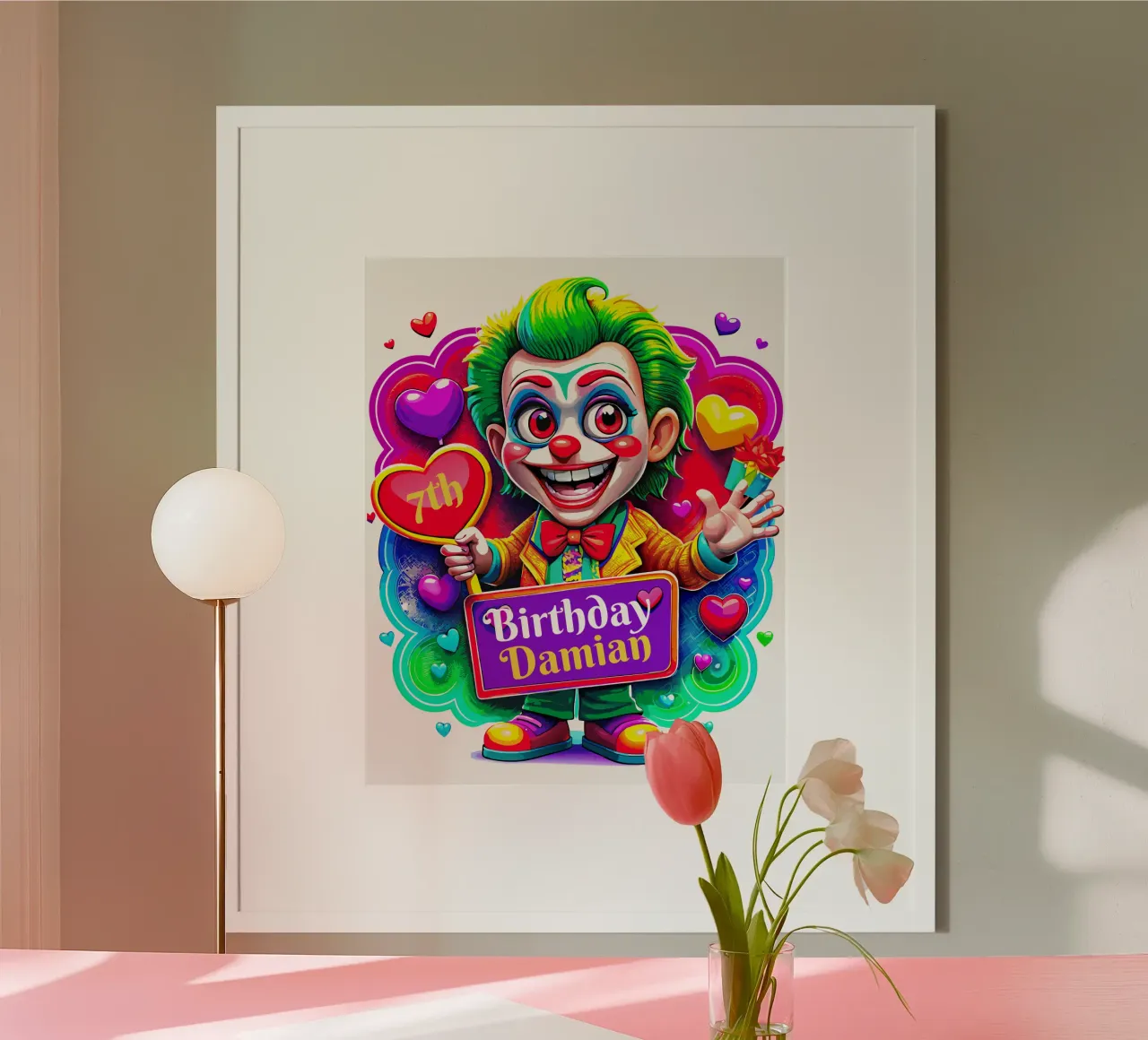 Joker Clown compleanno bambini che tengono palloni - Personalizzato tutto il testo poster con telaio in alluminio da Artnesia