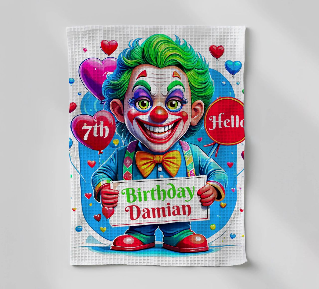 Joker Clown Birthday Kids Holding Ballons - Custom All Text torchon de Artnesia