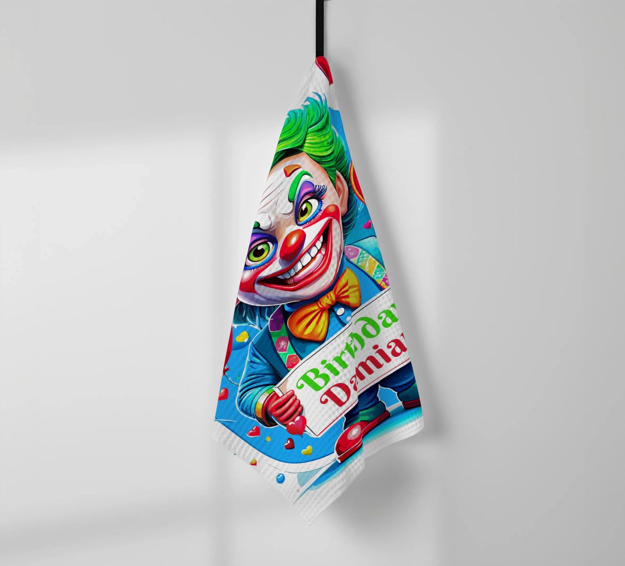 Joker Clown Birthday Kids Holding Ballons - Custom All Text torchon de Artnesia