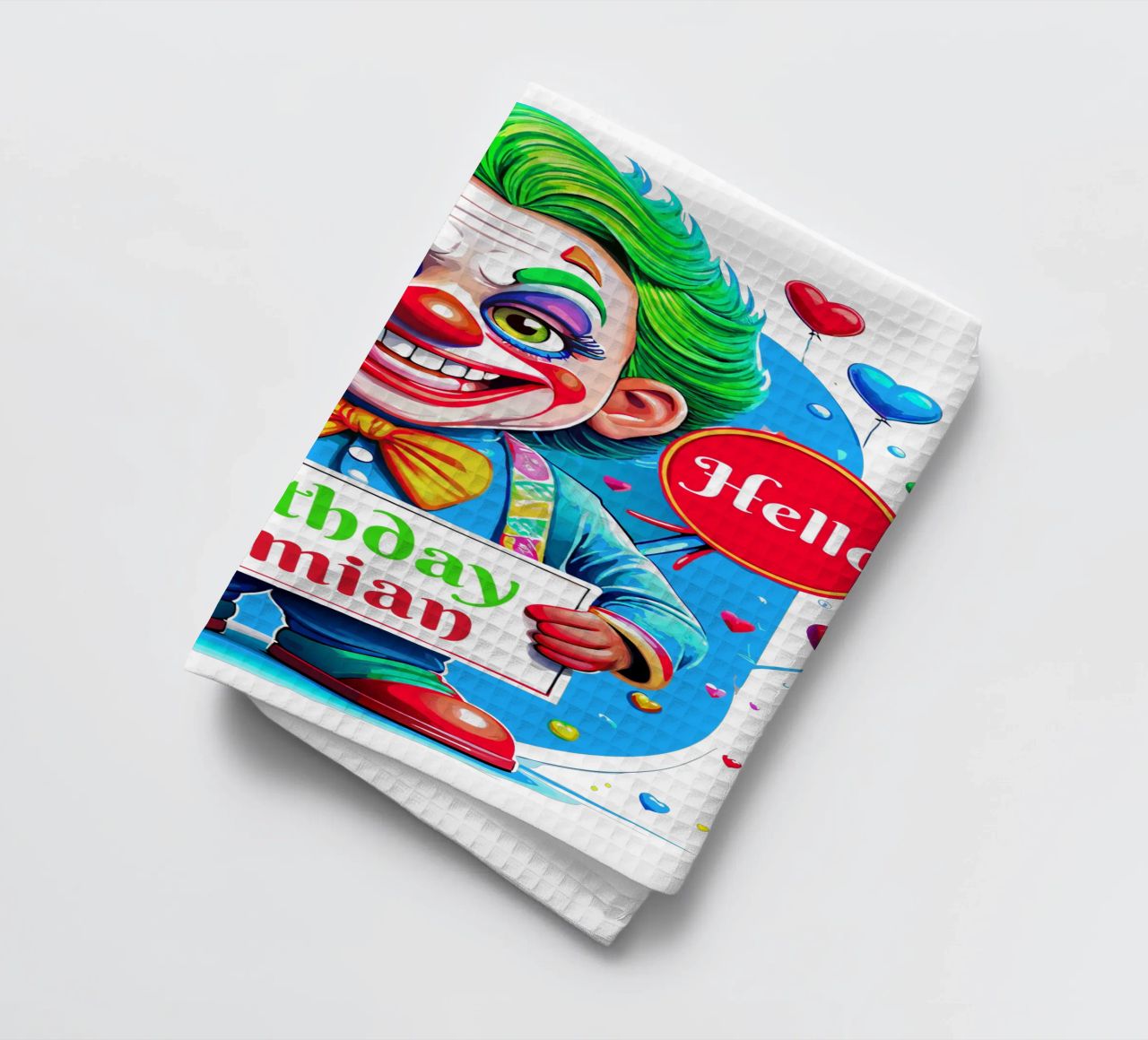 Joker Clown Birthday Kids Holding Ballons - Custom All Text torchon de Artnesia