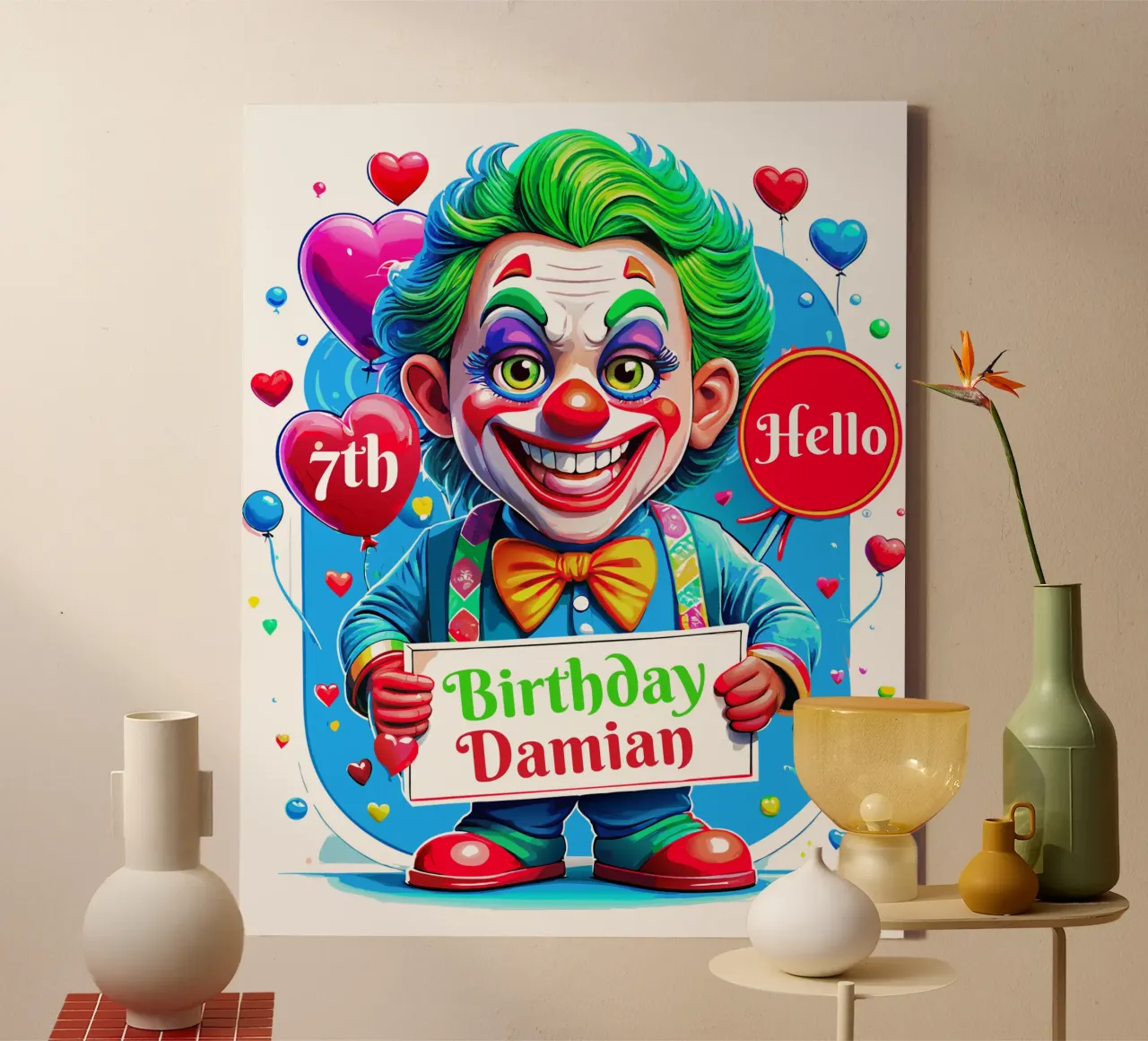 Joker Clown Birthday Kids Holding Ballons - Custom All Text canvas by Artnesia