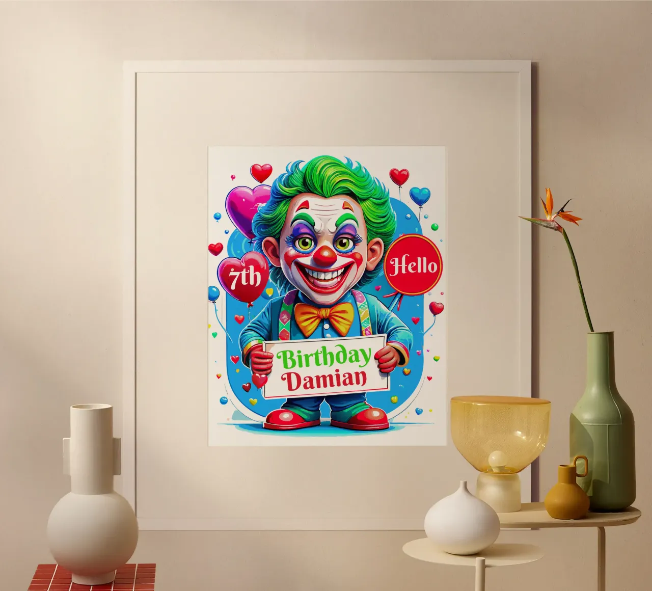 Joker Clown compleanno bambini che tengono palloni - Personalizzato tutto il testo poster con telaio in legno da Artnesia