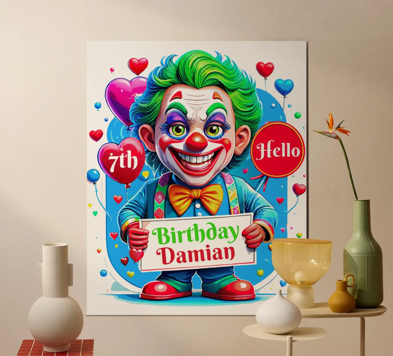 Joker Clown compleanno bambini che tengono palloni - Personalizzato tutto il testo poster con telaio in legno da Artnesia