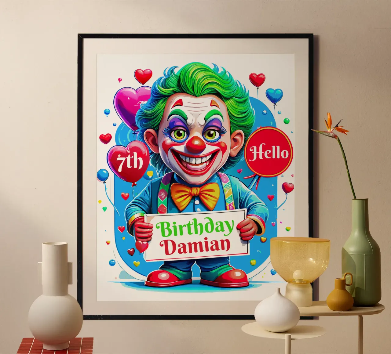 Joker Clown compleanno bambini che tengono palloni - Personalizzato tutto il testo poster con telaio in legno da Artnesia