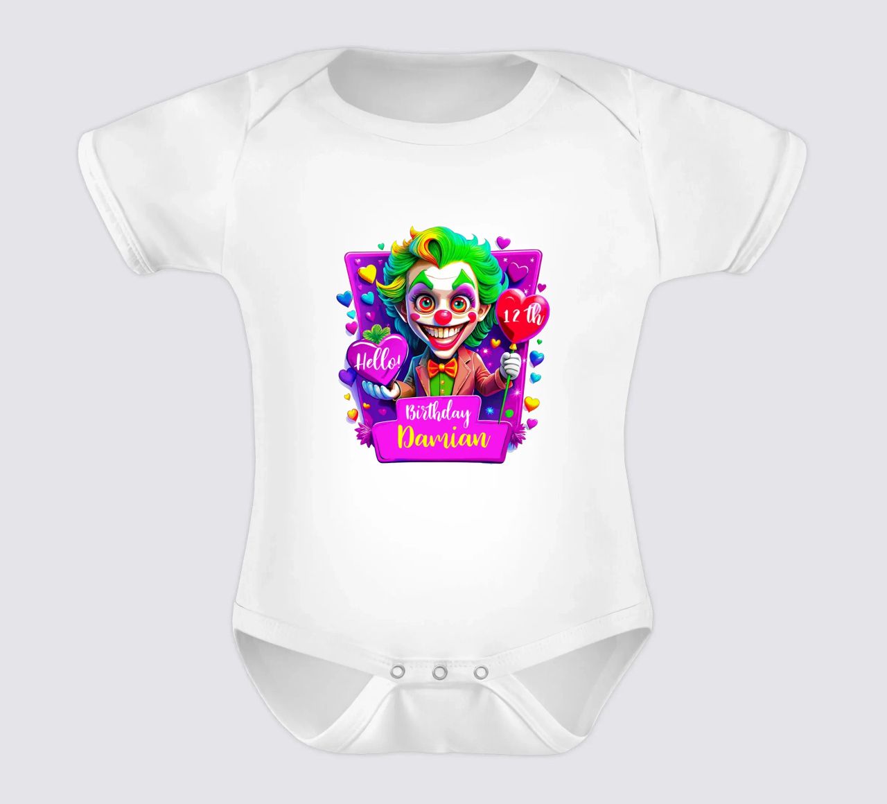 Joker Payaso Cumpleaños Sosteniendo Globos - Personalizar Todo el Texto body de bebé de Artnesia