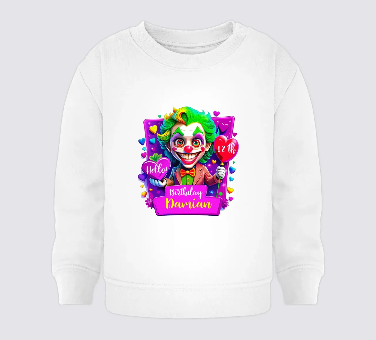 Joker Clown di compleanno con palloncini in mano - Personalizzato tutto il testo felpa neonato da Artnesia