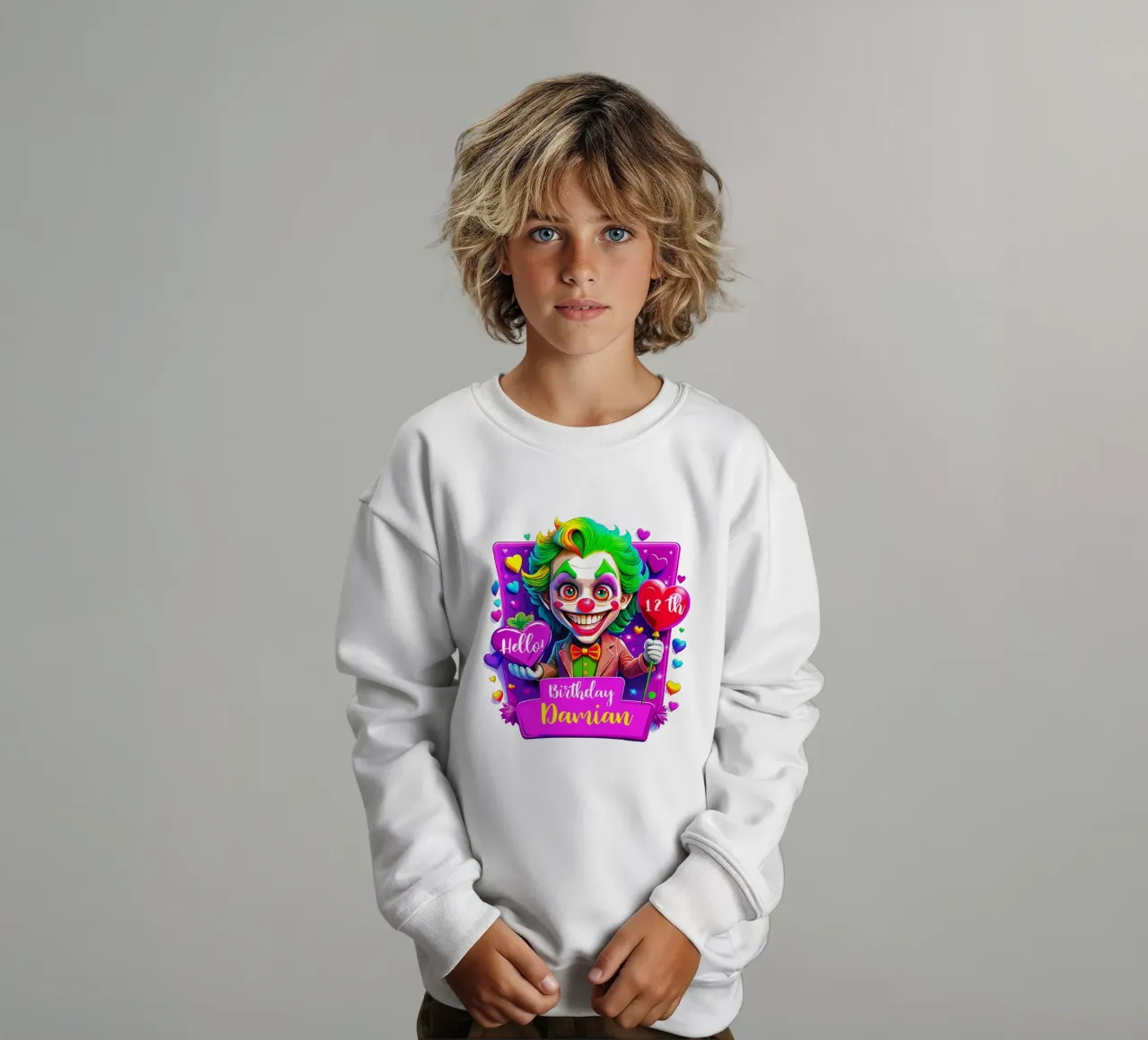 Joker Clown di compleanno con palloncini in mano - Personalizzato tutto il testo felpa bambino da Artnesia