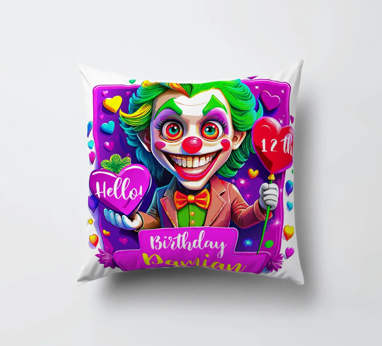 Joker Clown di compleanno con palloncini in mano - Personalizzato tutto il testo cuscino da Artnesia