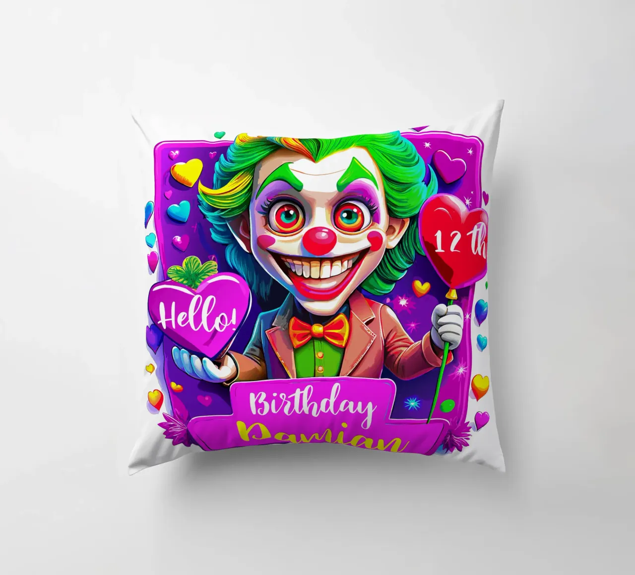 Joker Clown di compleanno con palloncini in mano - Personalizzato tutto il testo cuscino da Artnesia