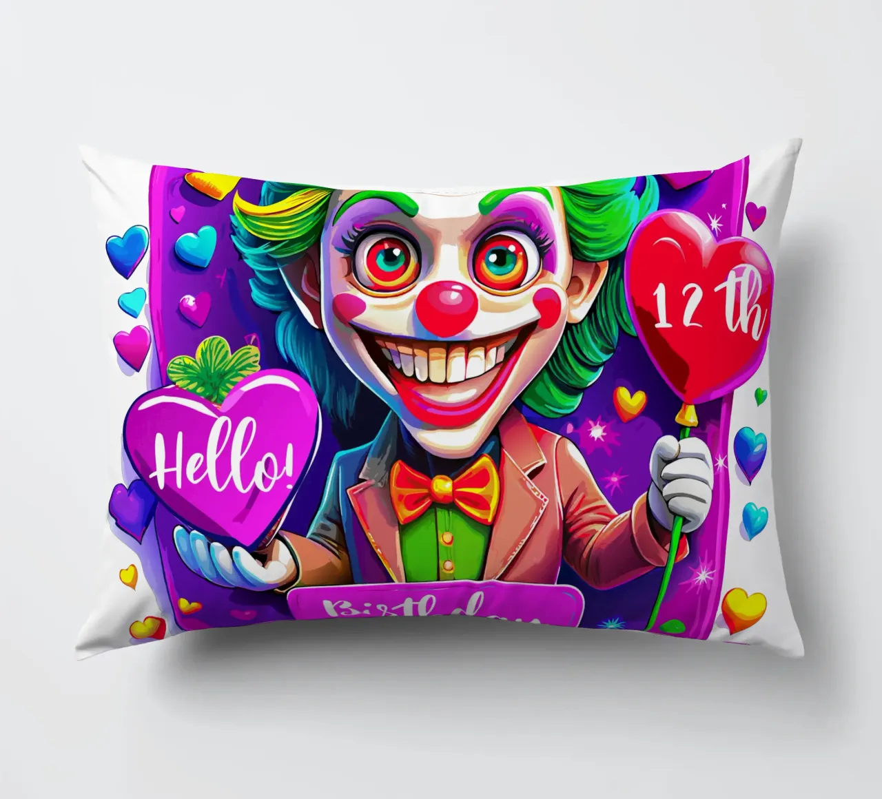 Joker Clown di compleanno con palloncini in mano - Personalizzato tutto il testo cuscino da Artnesia