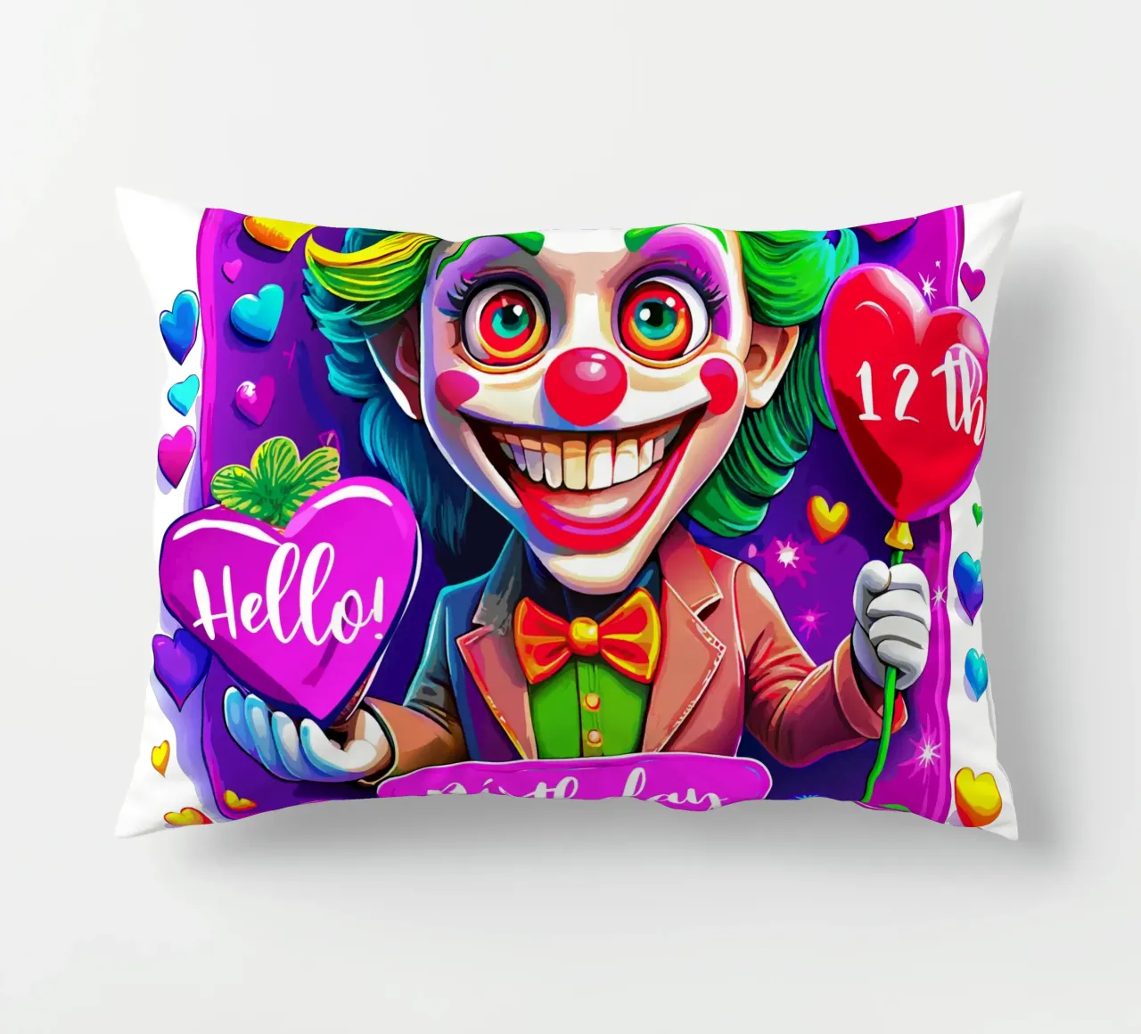 Joker Clown di compleanno con palloncini in mano - Personalizzato tutto il testo cuscino da Artnesia