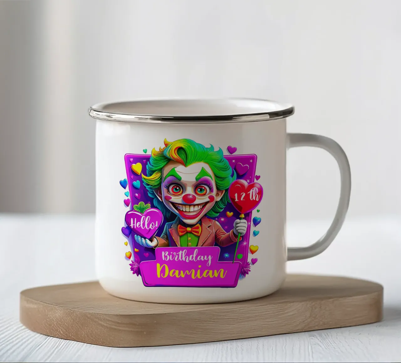 Joker Clown Birthday Holding Ballons - Custom All Text enamel mug by Artnesia