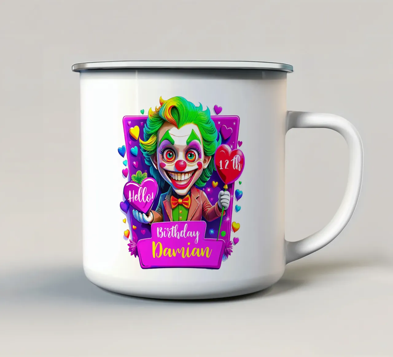 Joker Clown Birthday Holding Ballons - Custom All Text enamel mug by Artnesia