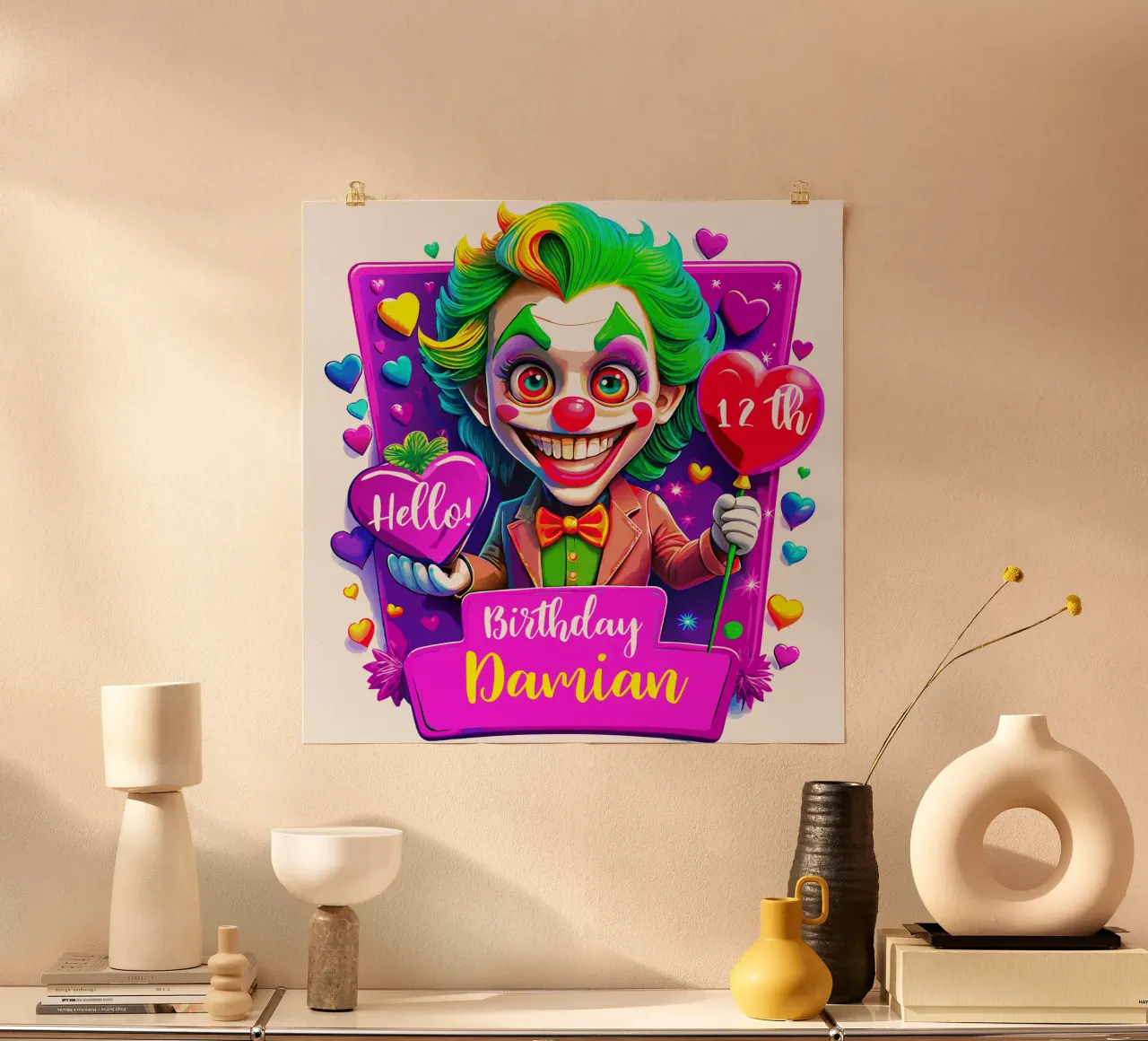 Joker Clown di compleanno con palloncini in mano - Personalizzato tutto il testo poster con telaio in plastica da Artnesia