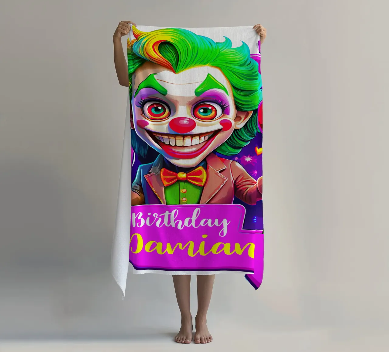 Joker Clown di compleanno con palloncini in mano - Personalizzato tutto il testo telo mare da Artnesia