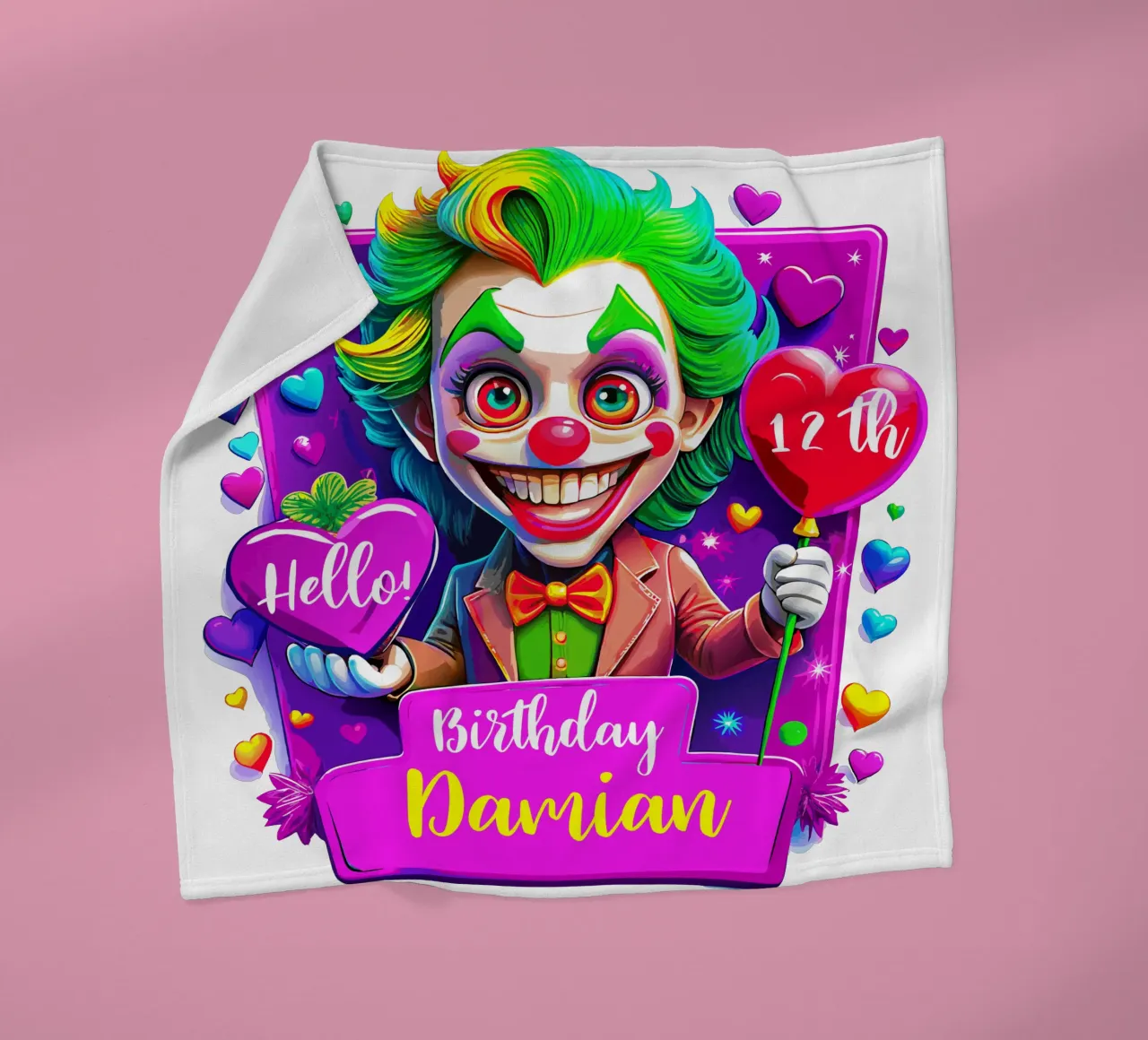 Joker Clown di compleanno con palloncini in mano - Personalizzato tutto il testo coperta in pile da Artnesia