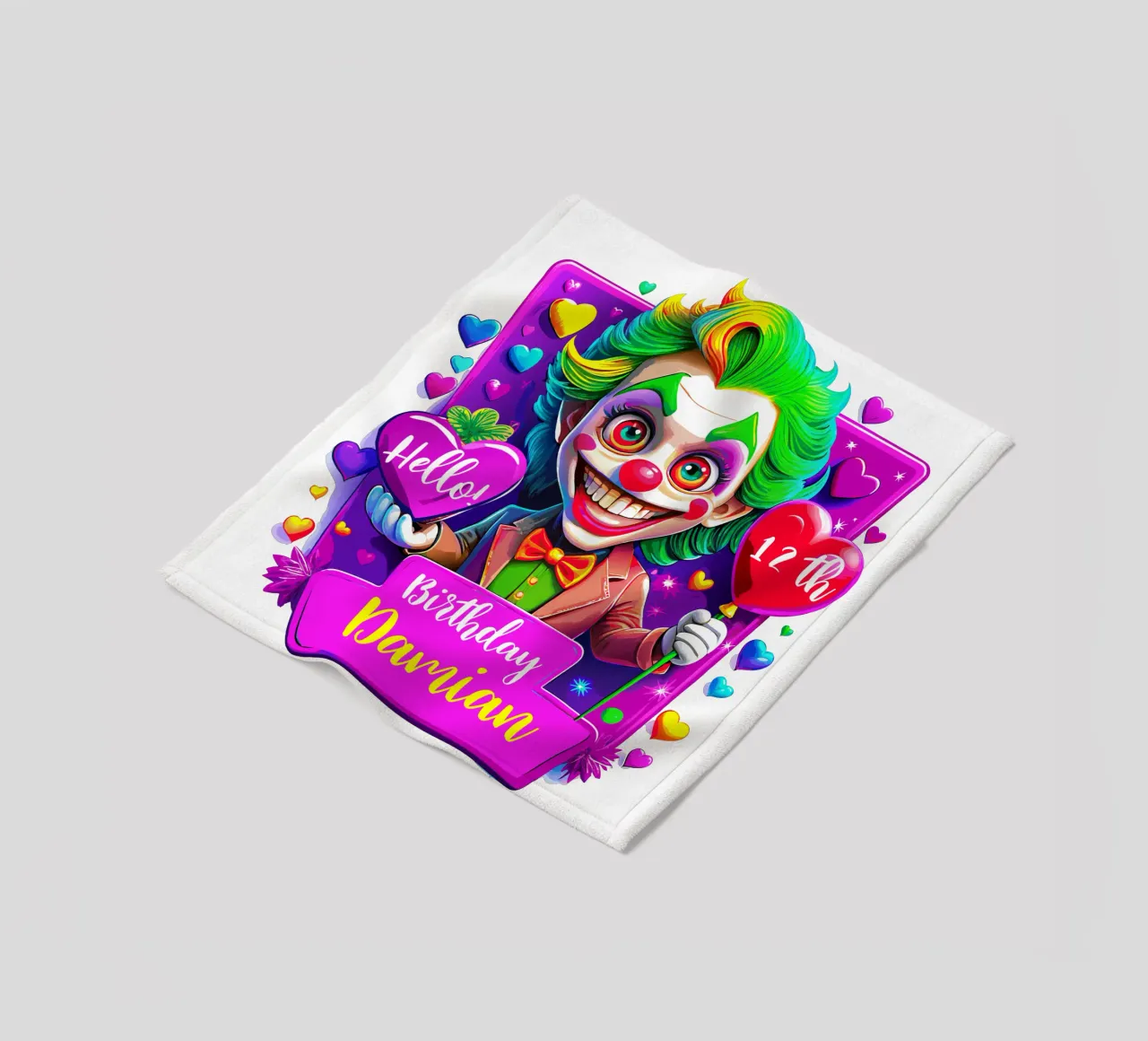 Joker Clown di compleanno con palloncini in mano - Personalizzato tutto il testo coperta in pile da Artnesia