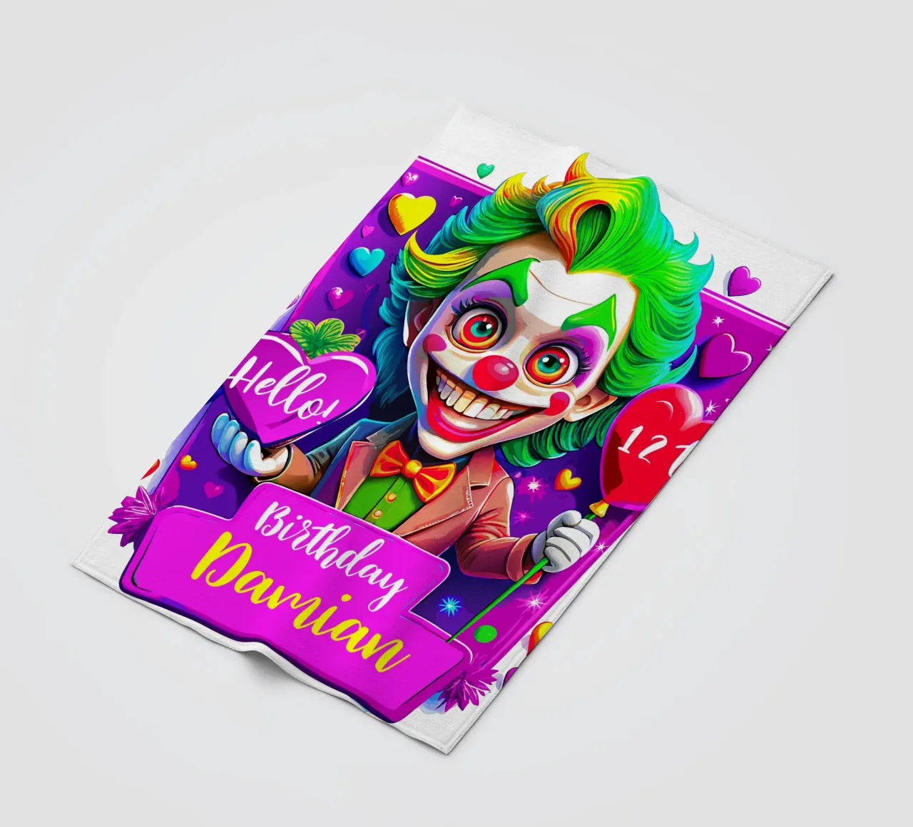 Joker Clown di compleanno con palloncini in mano - Personalizzato tutto il testo coperta in pile da Artnesia
