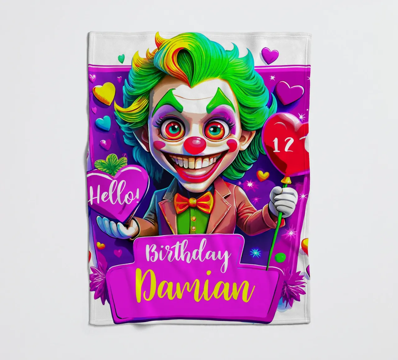 Joker Clown di compleanno con palloncini in mano - Personalizzato tutto il testo coperta in pile da Artnesia