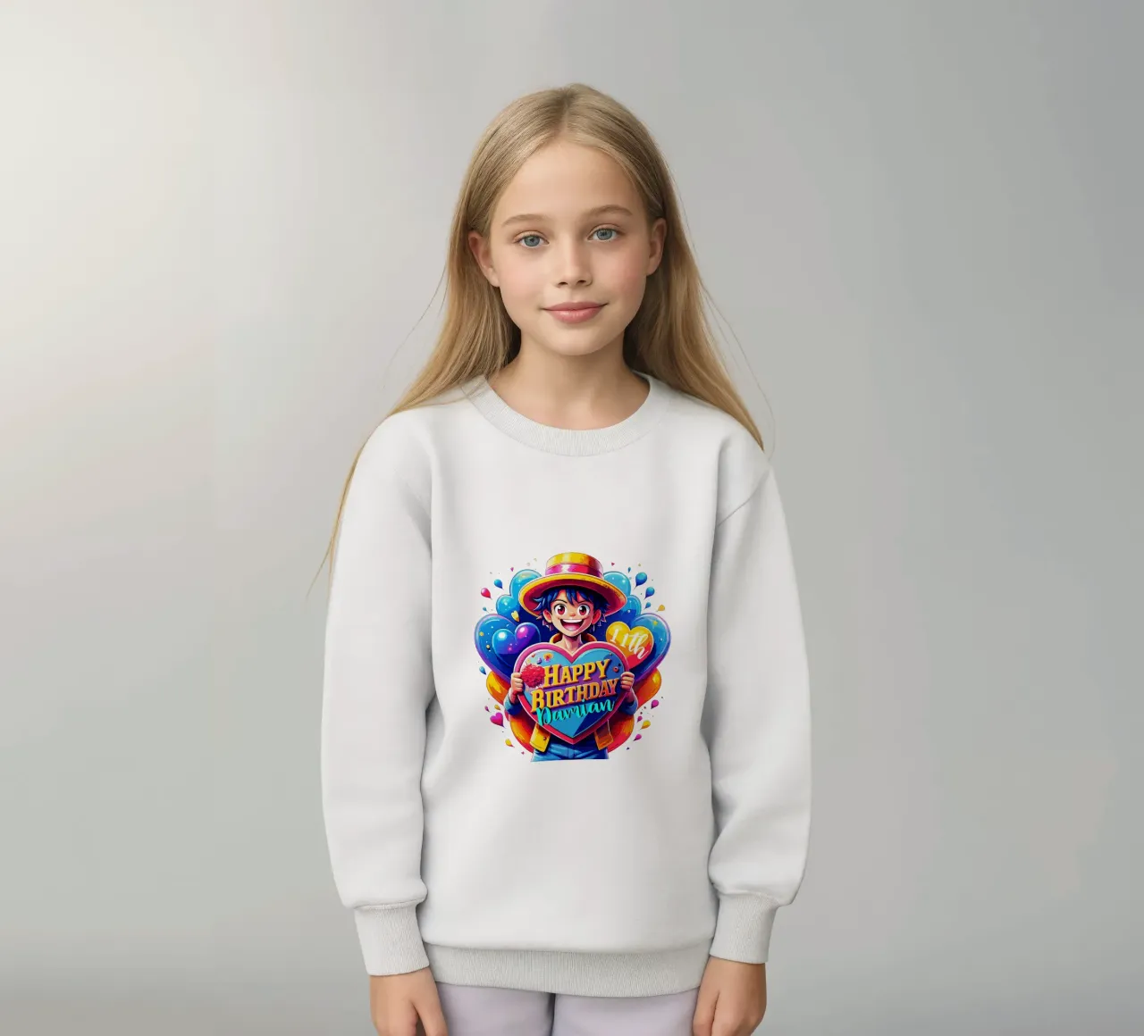 Luffy Anime Birthday Holding Love Sign - Custom Name and Age kids sweatshirt by Artnesia