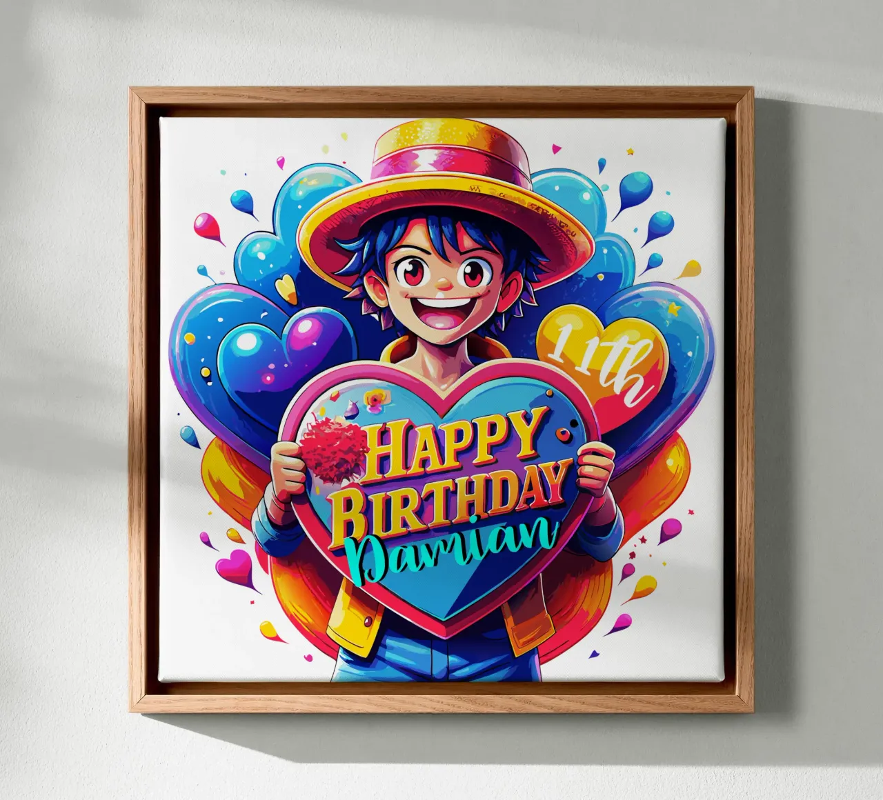 Segno d'amore per il compleanno dell'anime Luffy - Nome ed età personalizzati tela con Cornice a cassetta da Artnesia