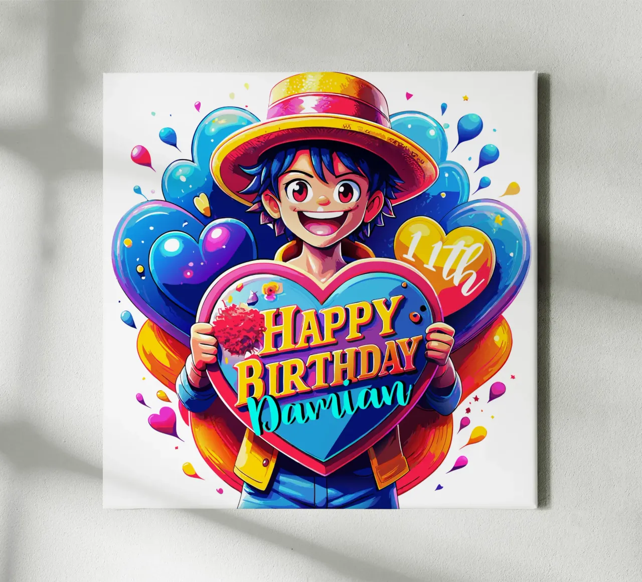 Segno d'amore per il compleanno dell'anime Luffy - Nome ed età personalizzati tela con Cornice a cassetta da Artnesia