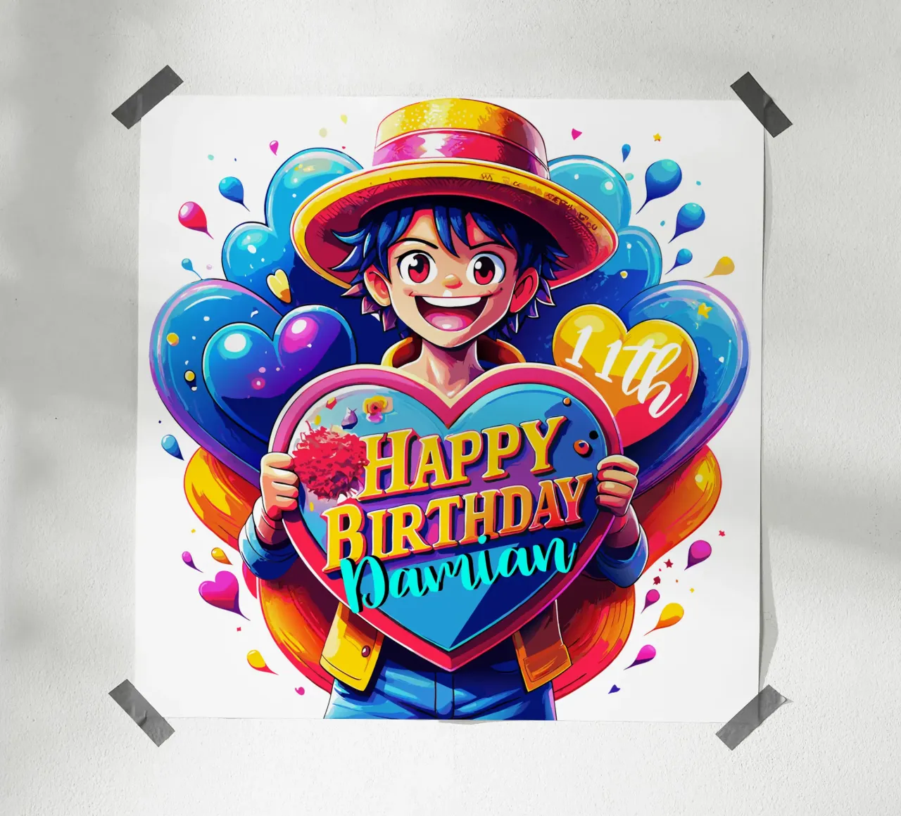 Luffy Anime Verjaardagshouder Liefdesbordje - aangepaste naam en leeftijd poster met houten frame van Artnesia