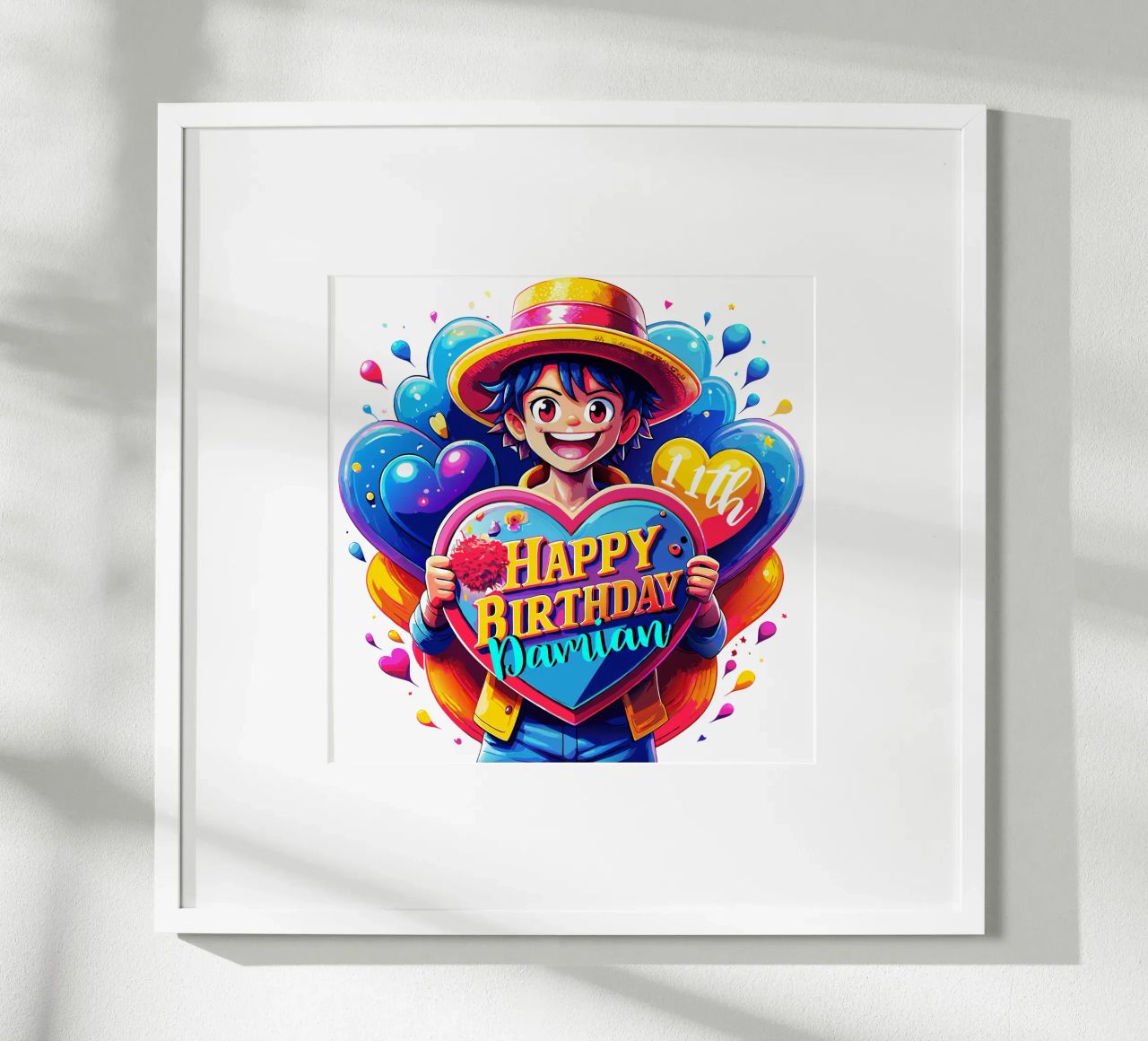 Luffy Anime Birthday Holding Love Sign - Custom Name and Age poster by Artnesia