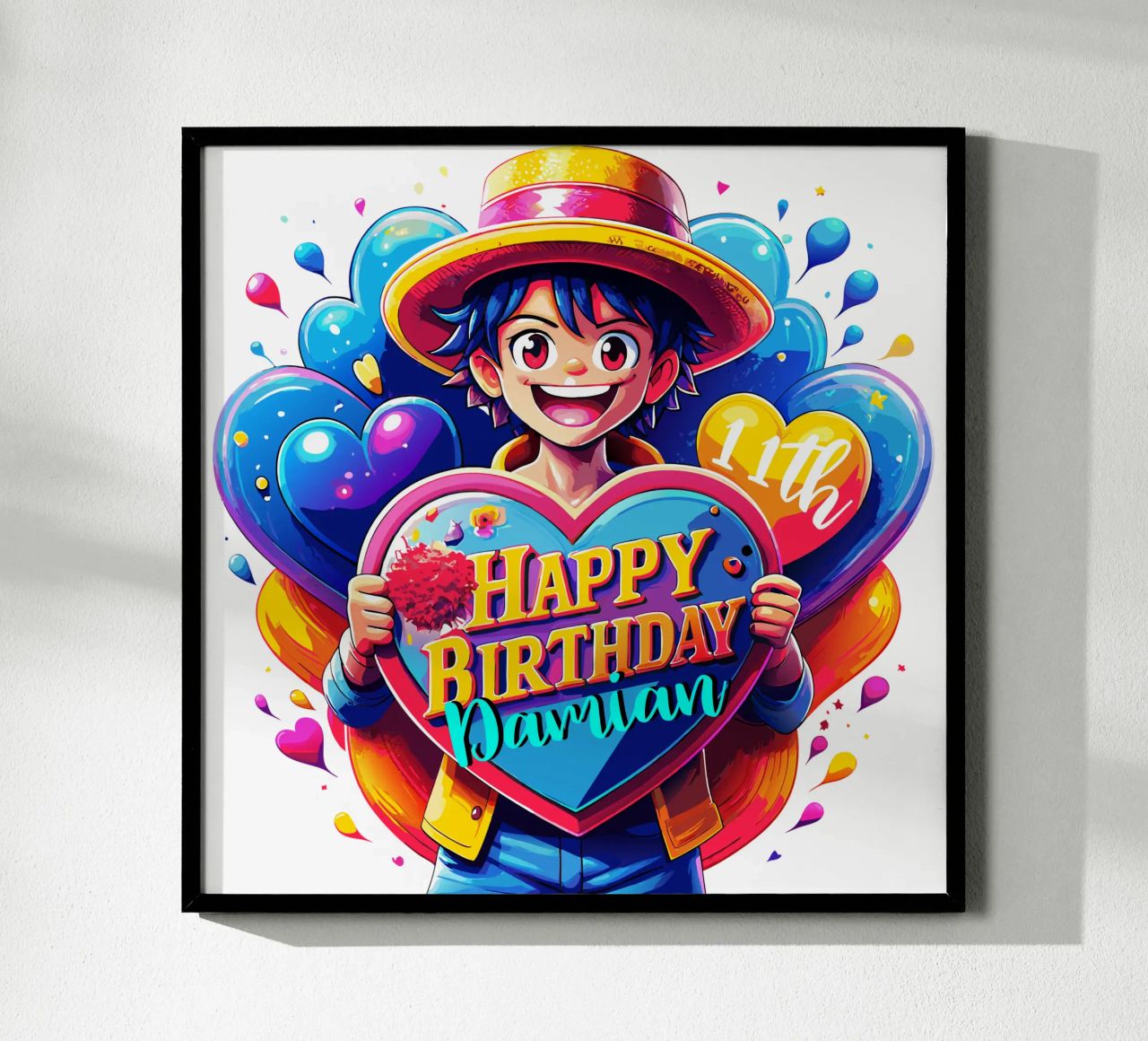 Luffy Anime Birthday Holding Love Sign - Custom Name and Age poster by Artnesia
