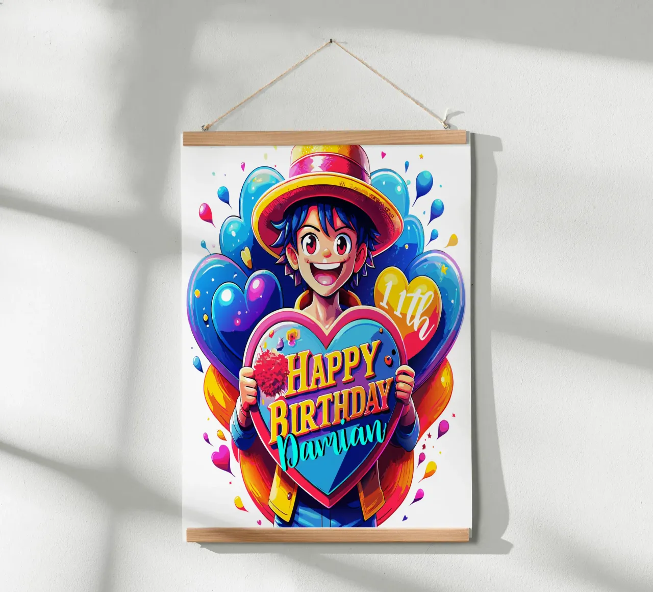 Luffy Anime Verjaardagshouder Liefdesbordje - aangepaste naam en leeftijd poster met houten frame van Artnesia