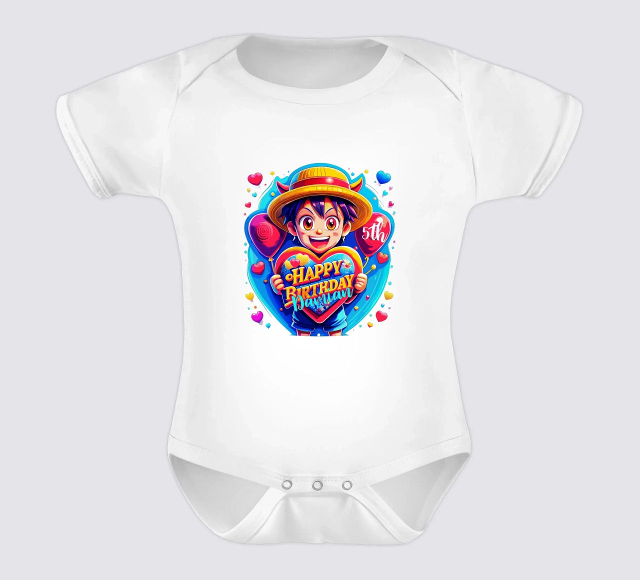 Palloncino con cuore in mano per il compleanno di Luffy Anime - Testo personalizzato body neonato maniche corte da Artnesia