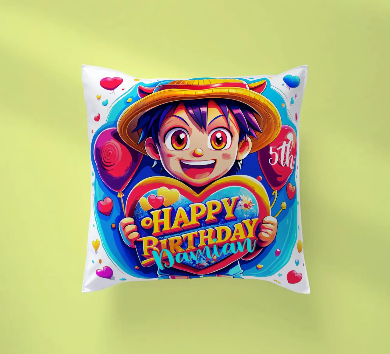 Palloncino con cuore in mano per il compleanno di Luffy Anime - Testo personalizzato cuscino da Artnesia