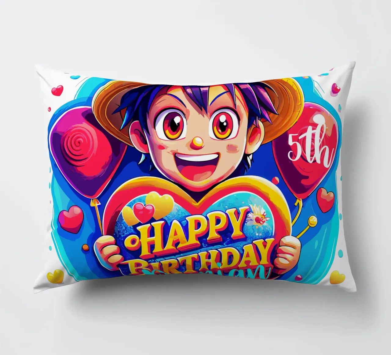Palloncino con cuore in mano per il compleanno di Luffy Anime - Testo personalizzato cuscino da Artnesia
