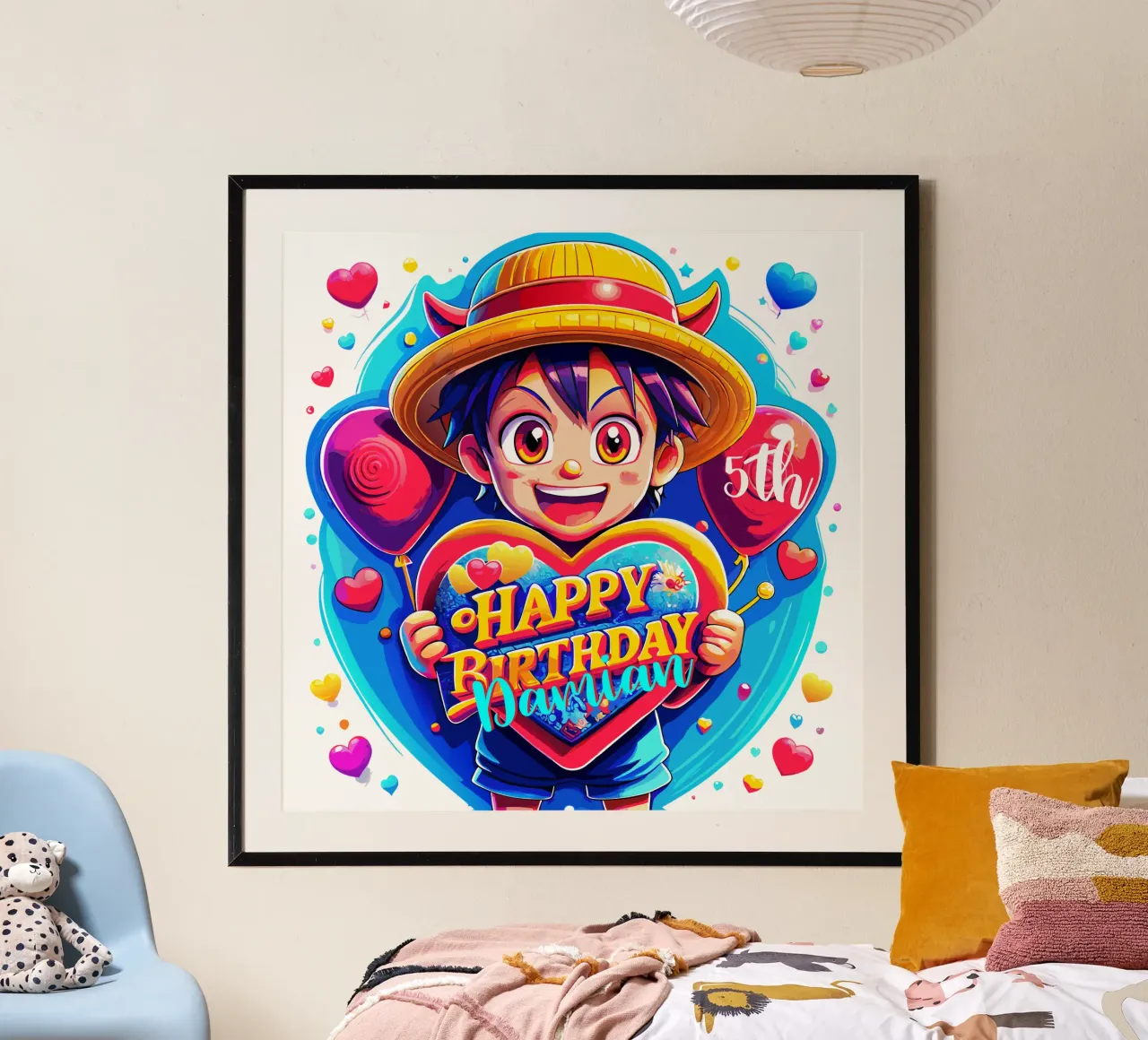 Palloncino con cuore in mano per il compleanno di Luffy Anime - Testo personalizzato poster con telaio in alluminio da Artnesia