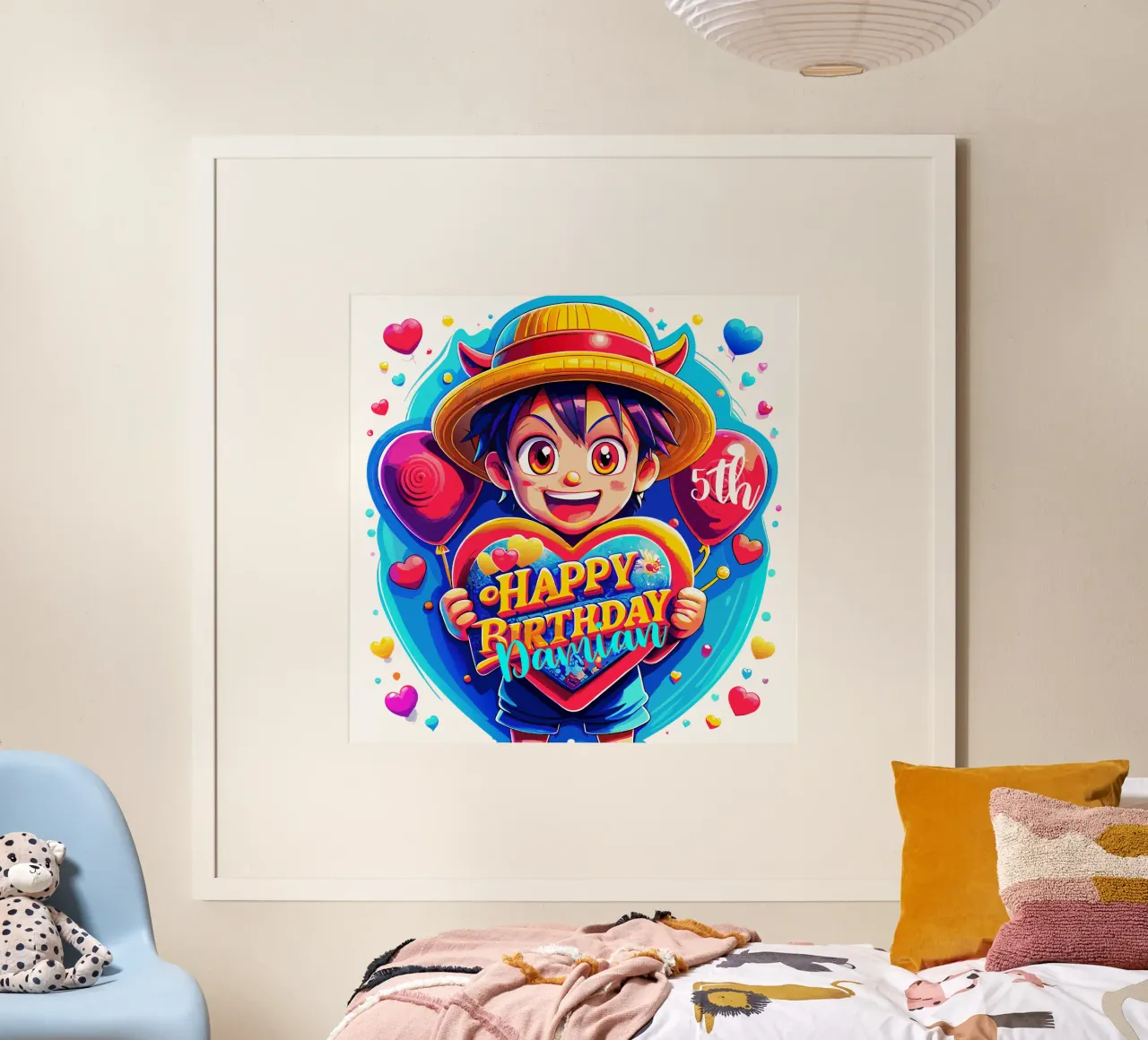 Palloncino con cuore in mano per il compleanno di Luffy Anime - Testo personalizzato poster con telaio in alluminio da Artnesia