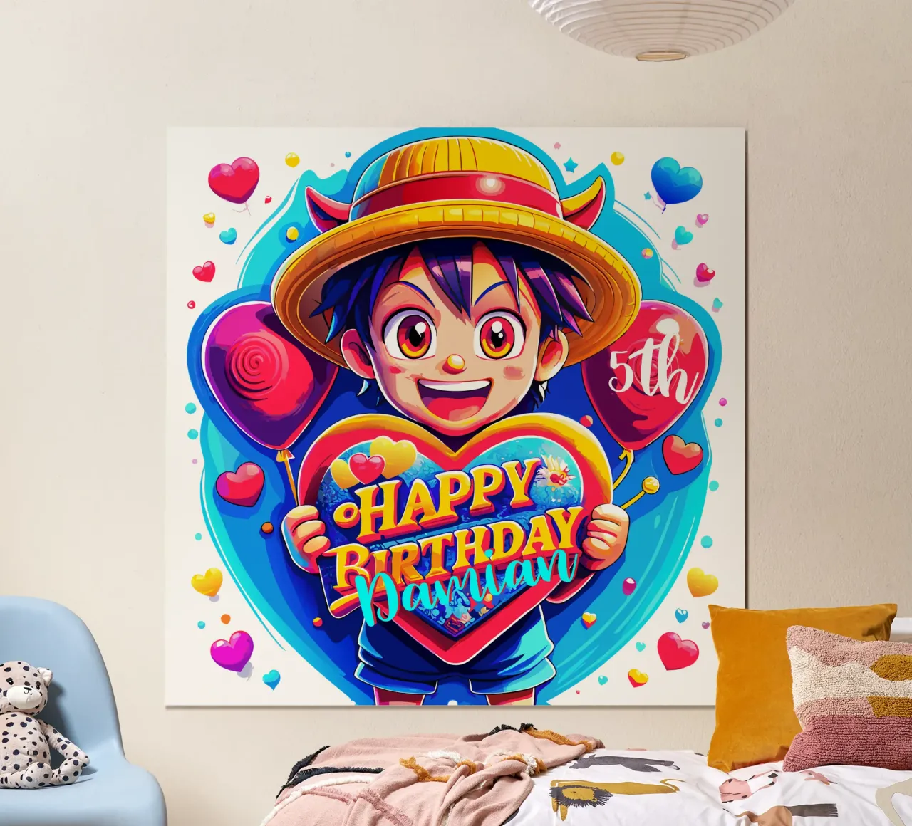 Palloncino con cuore in mano per il compleanno di Luffy Anime - Testo personalizzato poster con telaio in alluminio da Artnesia