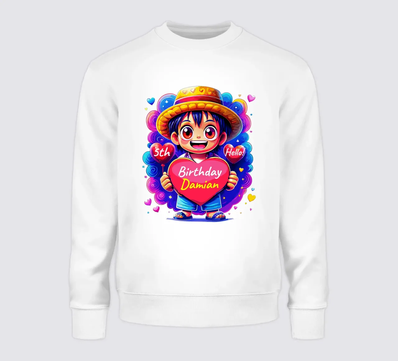 Luffy Anime Birthday Holding Heart Balloon - Custom All Text felpa da Artnesia