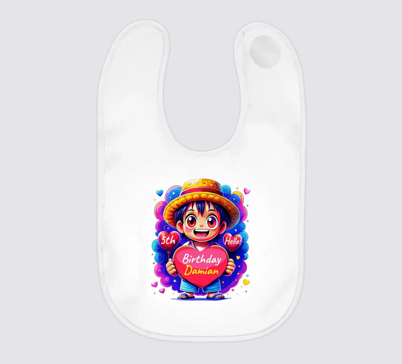 Luffy Anime Birthday Holding Heart Balloon - Custom All Text baby bib by Artnesia