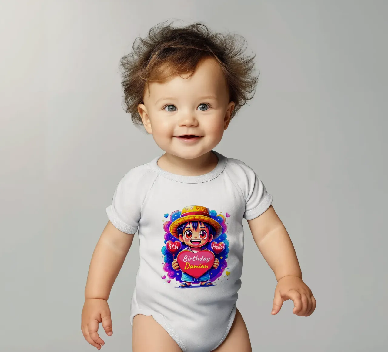Luffy Anime Birthday Holding Heart Balloon - Custom All Text body neonato maniche corte da Artnesia