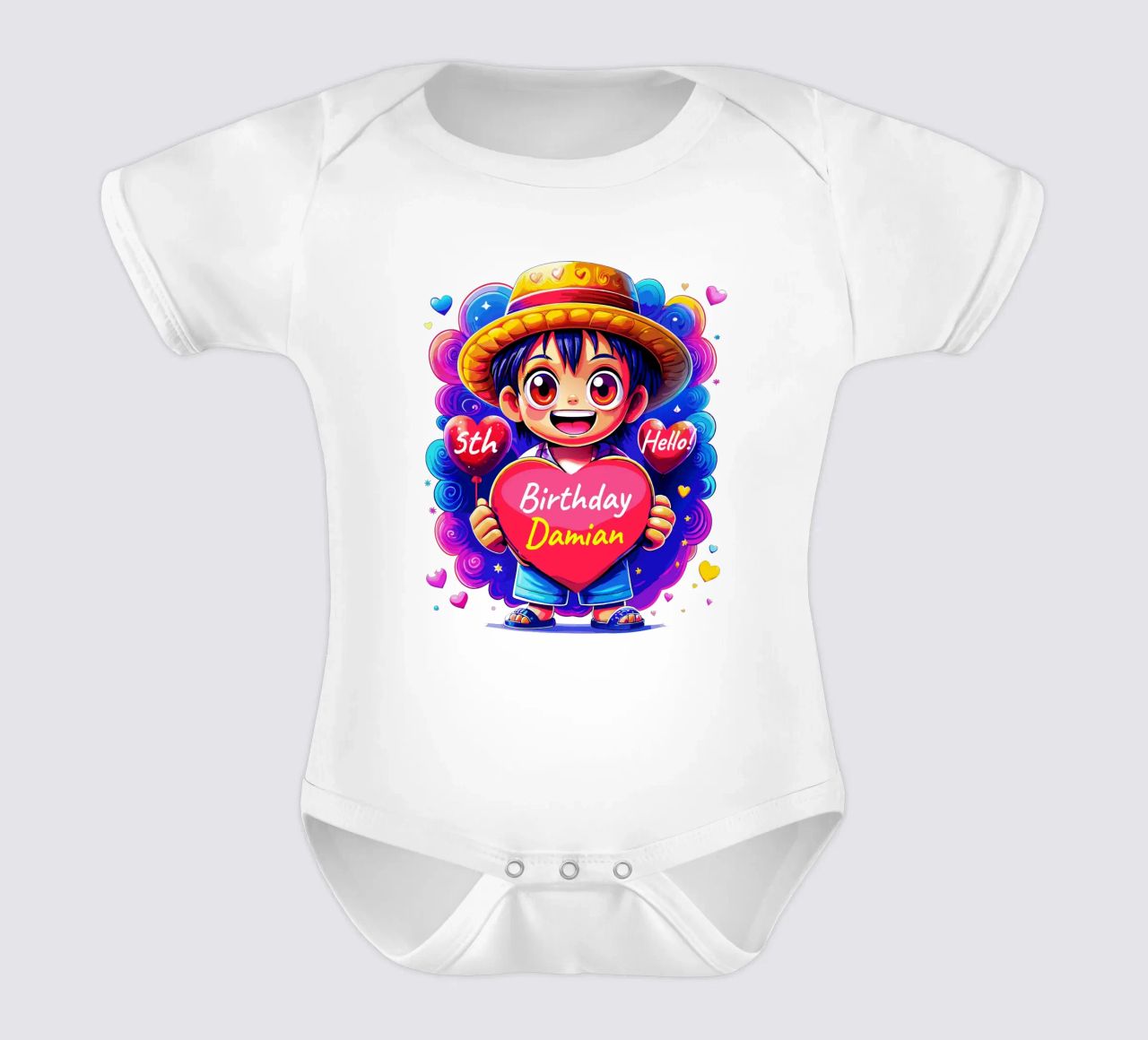 Luffy Anime Birthday Holding Heart Balloon - Custom All Text body bébé de Artnesia