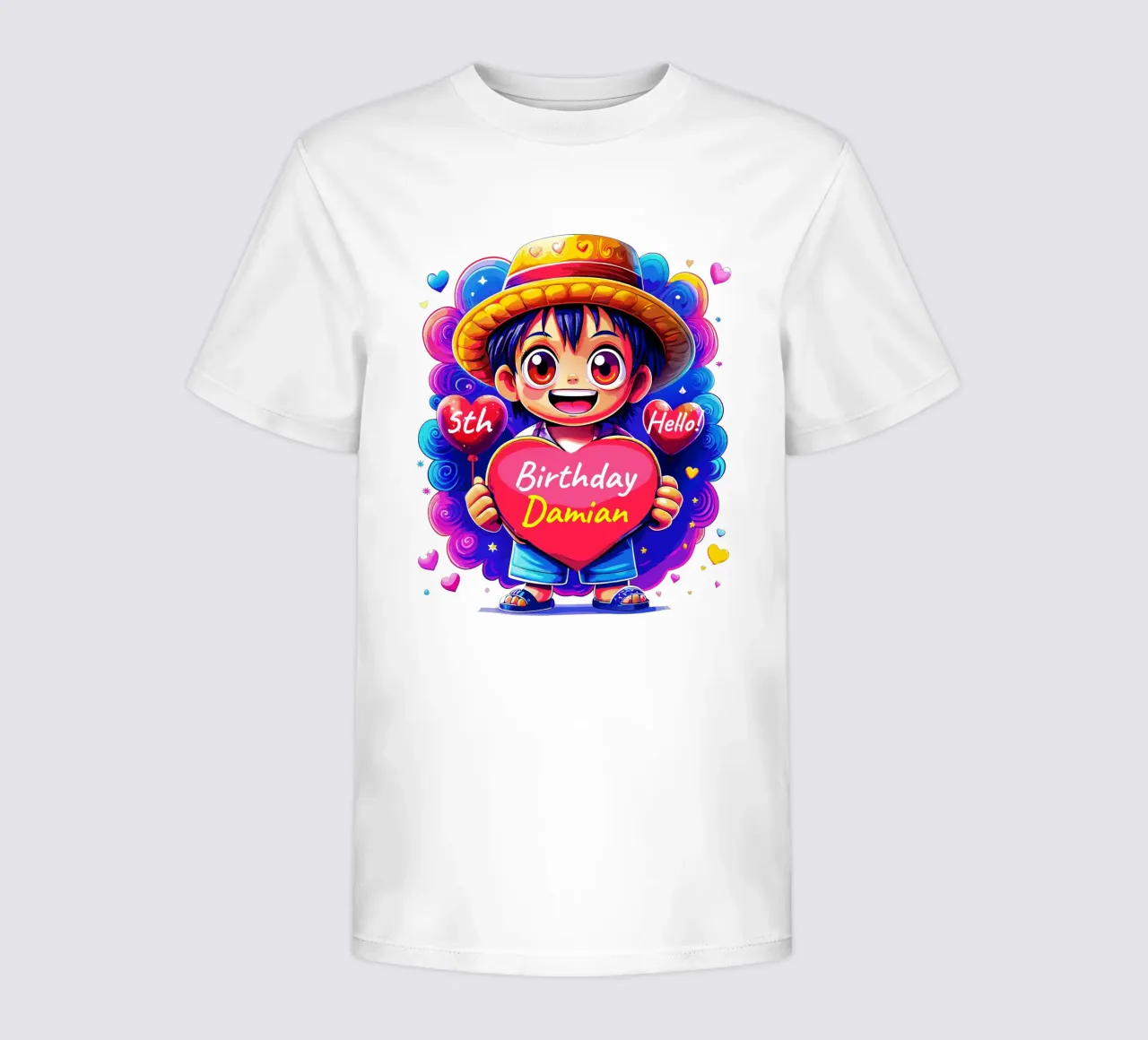 Luffy Anime Birthday Holding Heart Balloon - Custom All Text kinder t-shirt van Artnesia