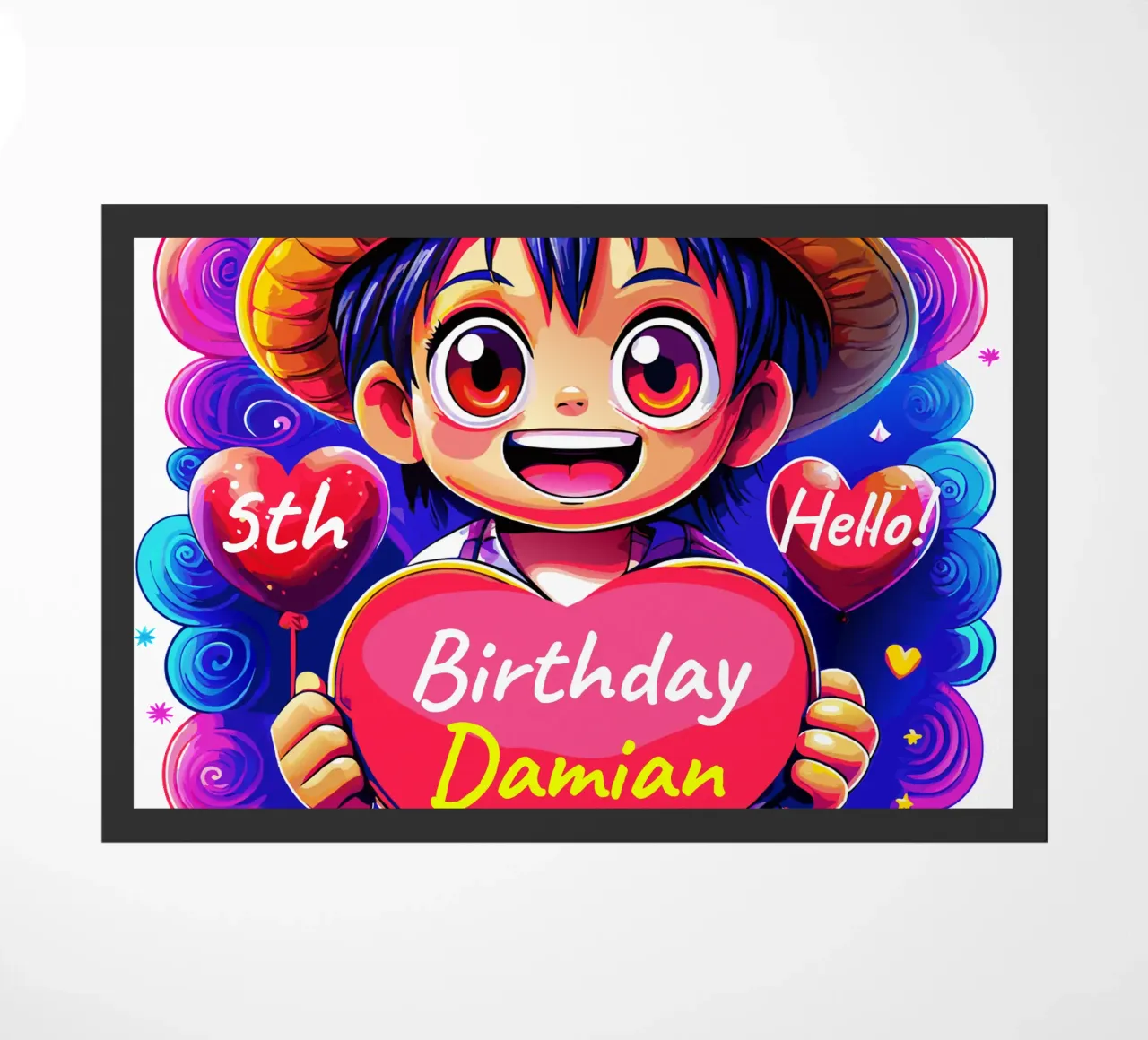 Luffy Anime Birthday Holding Heart Balloon - Custom All Text doormat by Artnesia