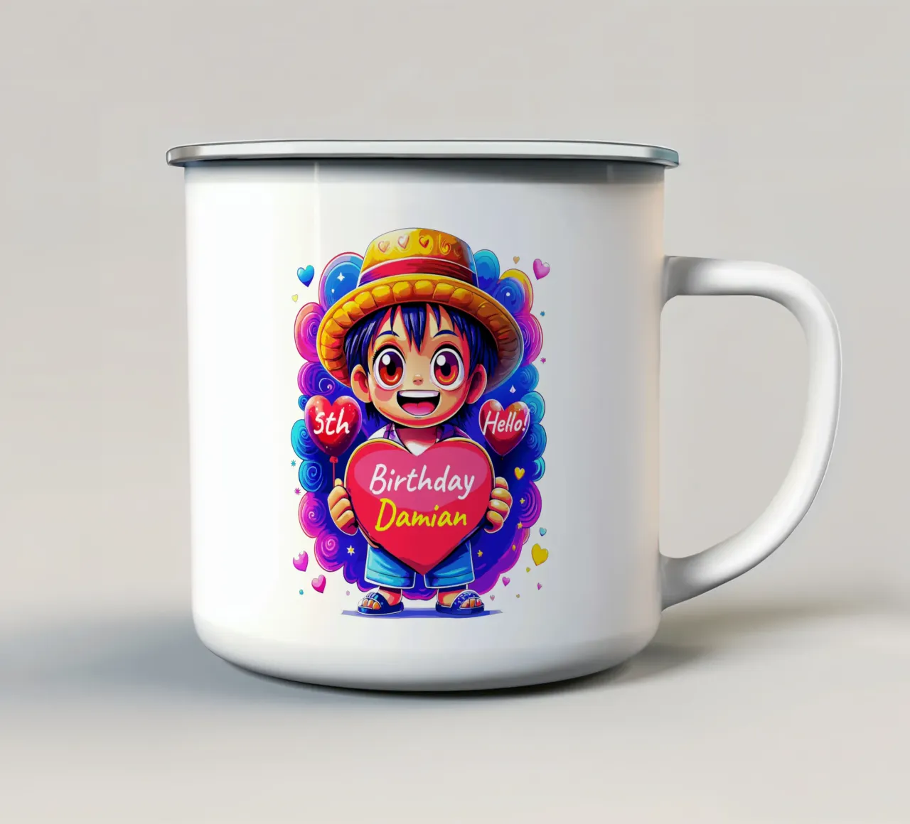 Luffy Anime Birthday Holding Heart Balloon - Custom All Text tazza in smalto da Artnesia