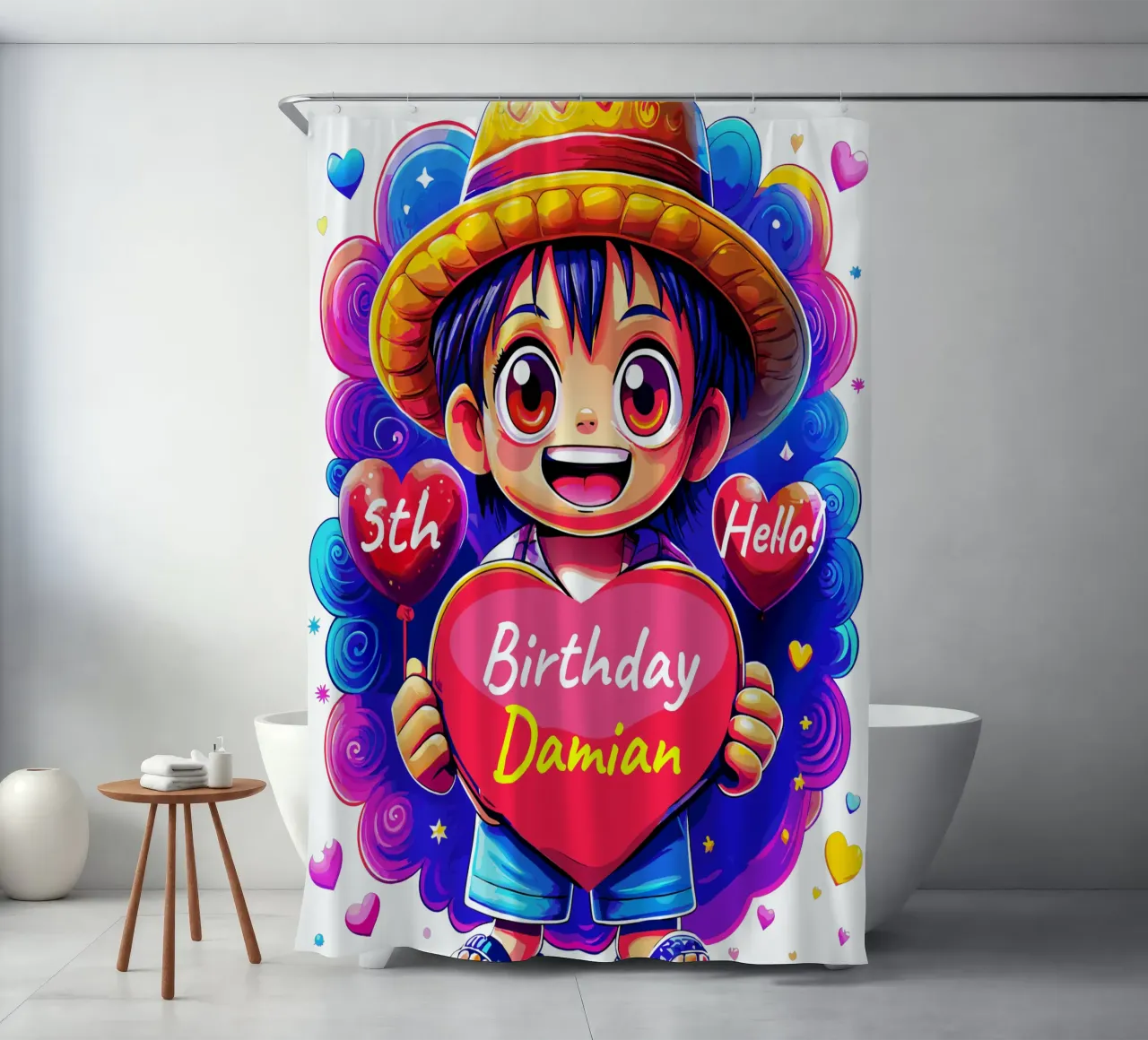 Luffy Anime Birthday Holding Heart Balloon - Custom All Text shower curtain by Artnesia