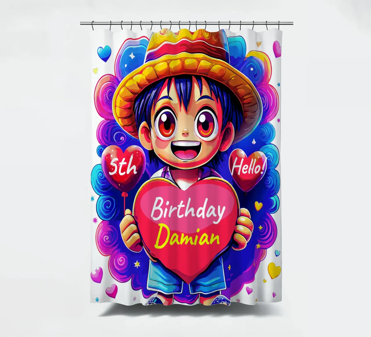 Luffy Anime Birthday Holding Heart Balloon - Custom All Text shower curtain by Artnesia
