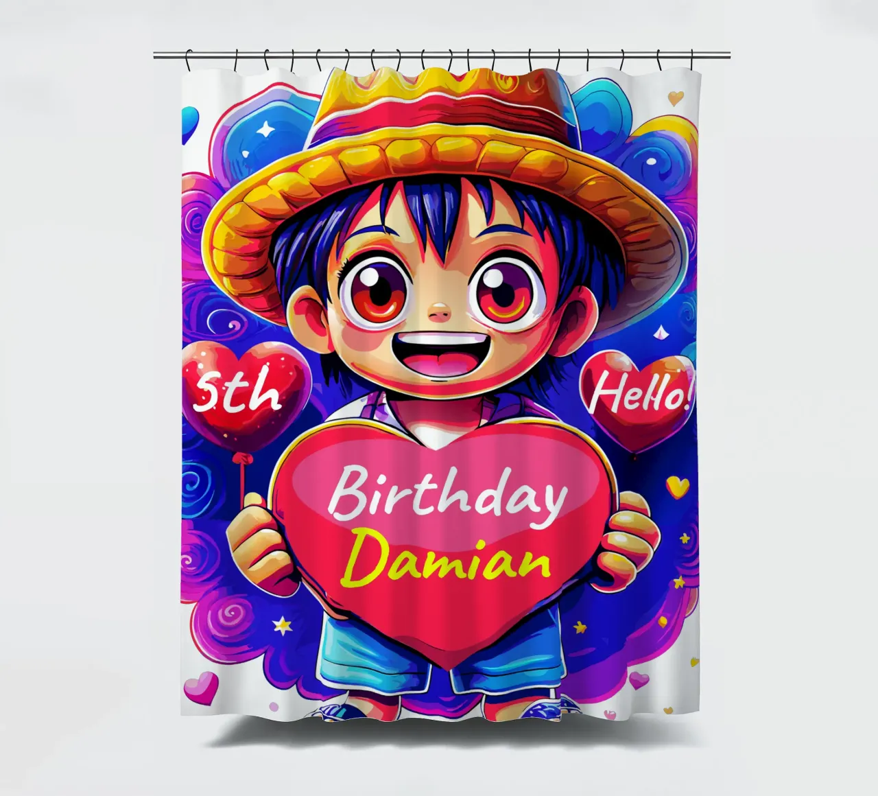 Luffy Anime Birthday Holding Heart Balloon - Custom All Text shower curtain by Artnesia