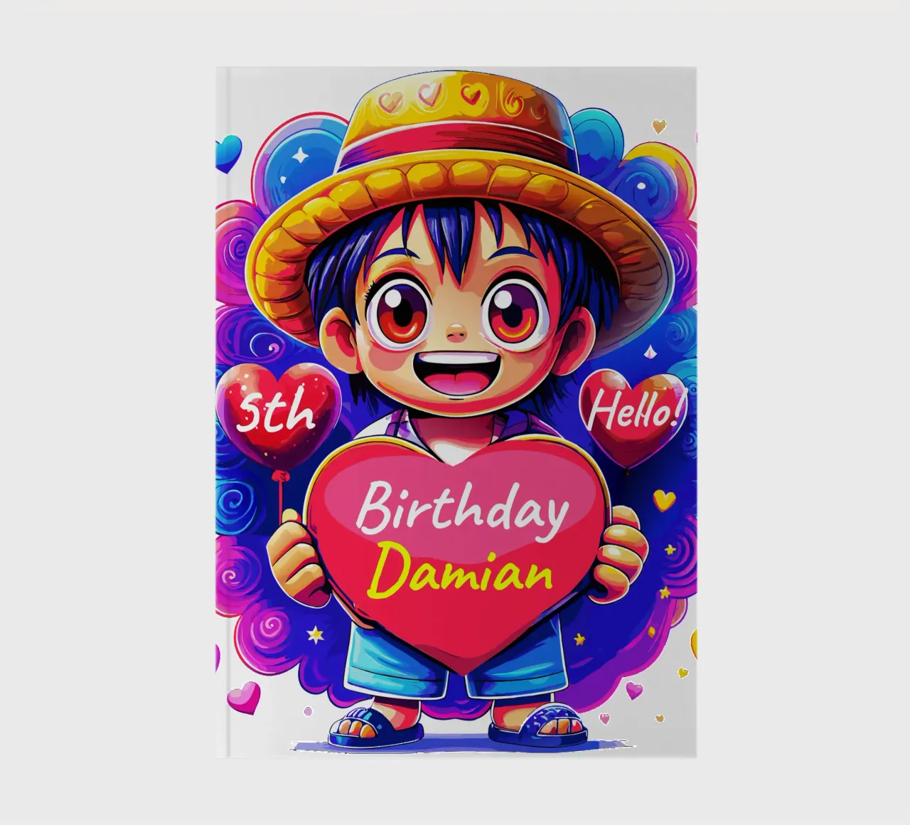 Luffy Anime Birthday Holding Heart Balloon - Custom All Text notebook by Artnesia