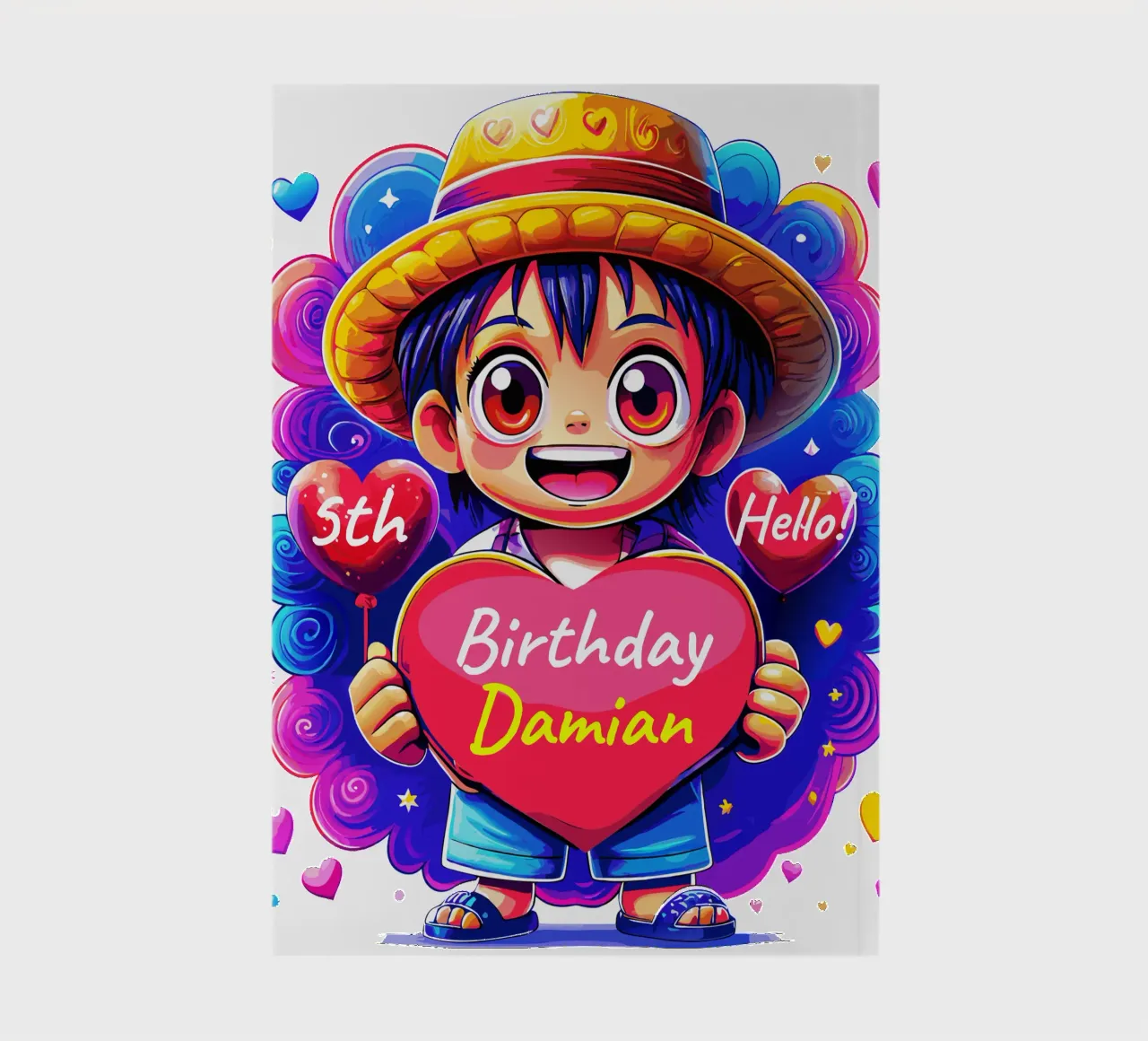 Luffy Anime Birthday Holding Heart Balloon - Custom All Text notebook by Artnesia